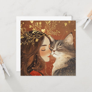 Tarjeta princesa del día de San Valentín y su gatito