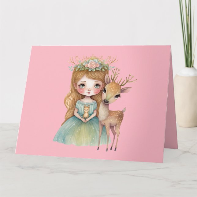 Tarjeta Princesa encantadora y cervatillo saludo (Anverso)