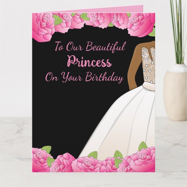 Tarjeta Princesa floral rosa hija afroamericana (Anverso)