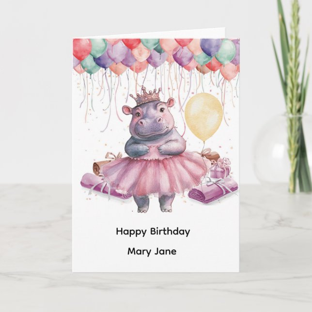 Tarjeta Princesa Hipopótamo con Globo (Anverso)