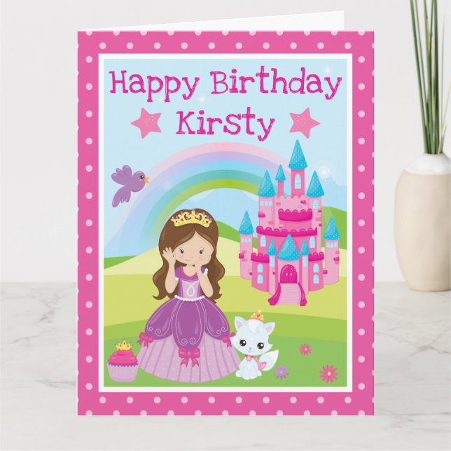 Tarjeta Princesa morena con cumpleaños de castillo y arcoí (Anverso)
