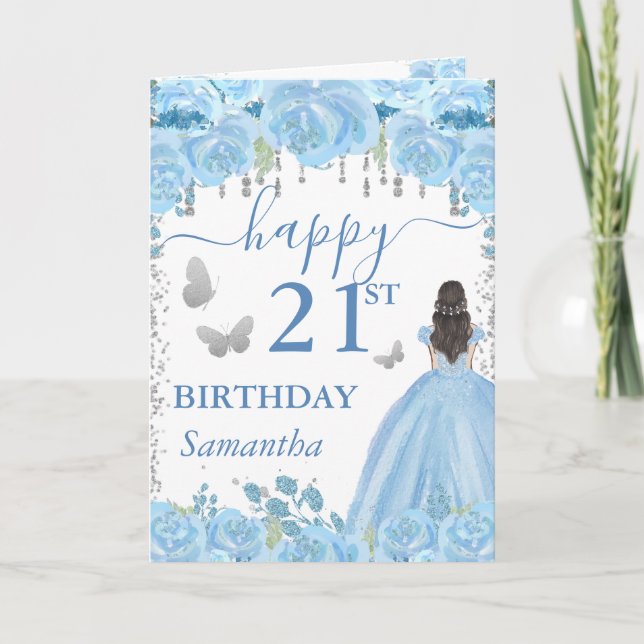 Tarjeta Princesa Morena Vestido Azul Cumpleaños (Anverso)