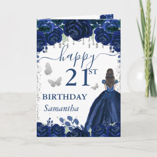 Tarjeta Princesa Morena Vestido Azul Marino Cumpleaños