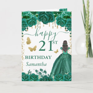 Tarjeta Princesa Moreno Cumpleaños con Vestido Verde