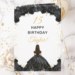 Tarjeta Princesa Negra Floral Feliz Cumpleaños