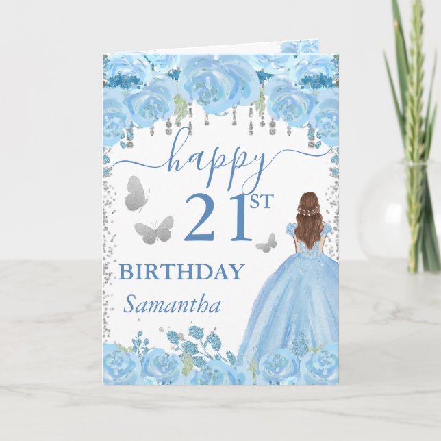 Tarjeta Princesa Pelirroja Cumpleaños con Vestido Azul (Anverso)
