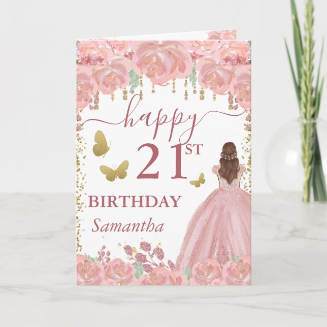 Tarjeta Princesa Pelirroja Cumpleaños con Vestido de Oro R (Anverso)