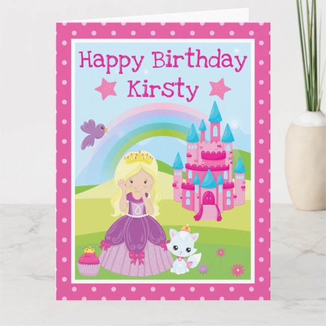 Tarjeta Princesa rubia con cumpleaños de castillo y arcoír (Anverso)