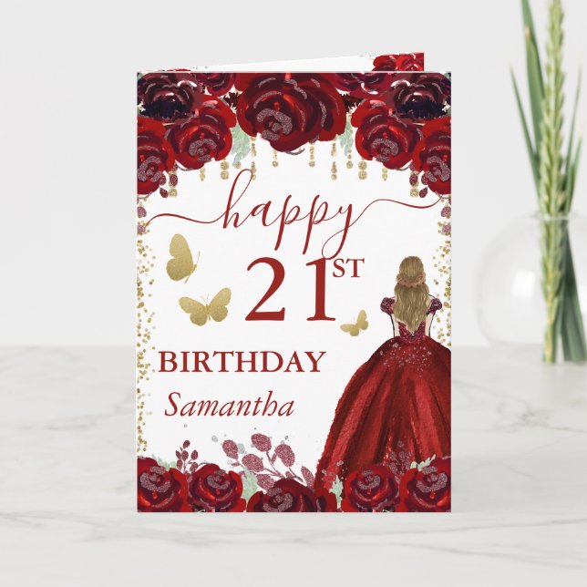Tarjeta Princesa Rubia Cumpleaños con Vestido Rojo (Anverso)