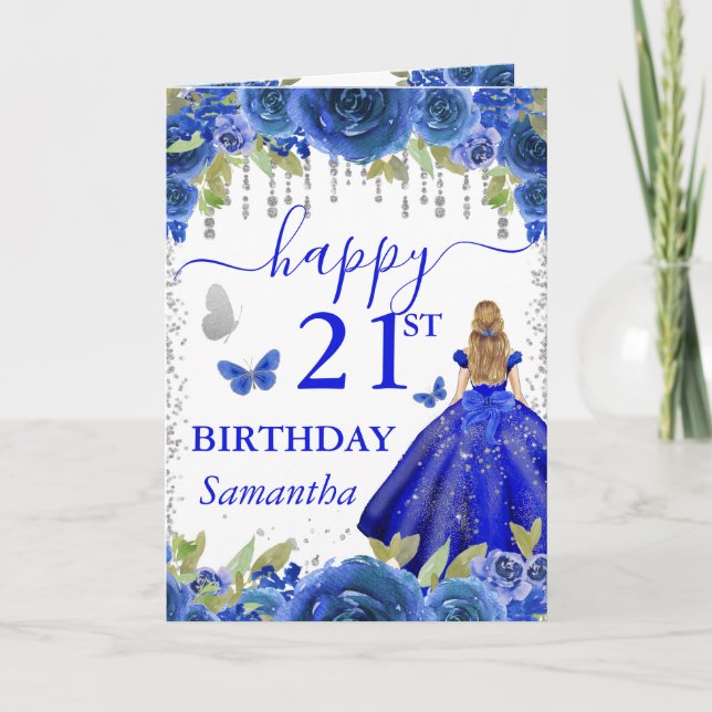 Tarjeta Princesa Rubia Vestido Azul Cumpleaños (Anverso)
