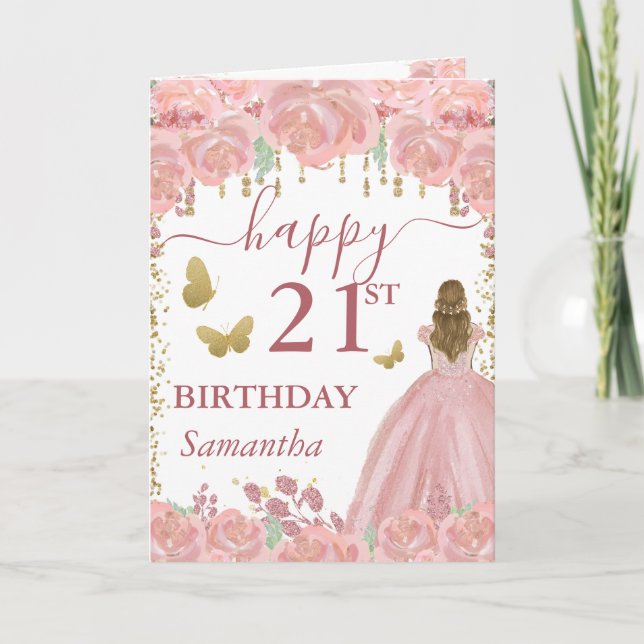 Tarjeta Princesa Rubia Vestido Rosa Dorado Cumpleaños (Anverso)