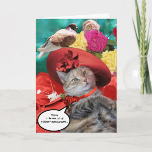Tarjeta PRINCESA TATUS GATO, SOMBRERO ROJO Y PALOMA Día de