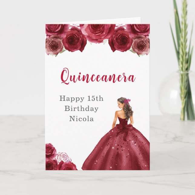 Tarjeta Princesas con vestimenta roja, dulce quinceañera (Anverso)