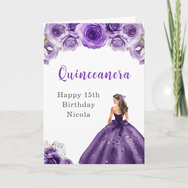 Tarjeta Princesas vestidas de púrpura Cumpleaños Quinceane (Anverso)