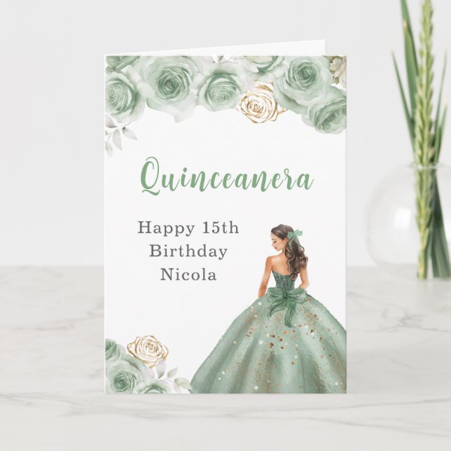 Tarjeta Princesas vestidas de verde sabio Cumpleaños Quinc (Anverso)