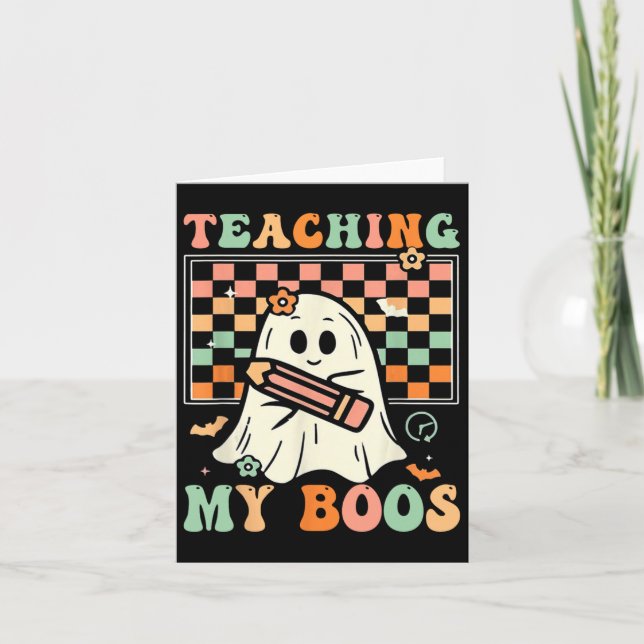 Tarjeta Profesor Cute Ghost Groovy Teacher Halloween Teach (Anverso)