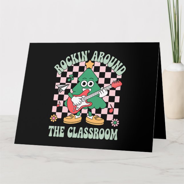 Tarjeta Profesor Groovy de Navidad Rockeando en el Aula (Anverso)