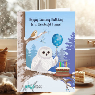 Tarjeta Prometido Feliz Cumpleaños Enero Búho de las Nieve