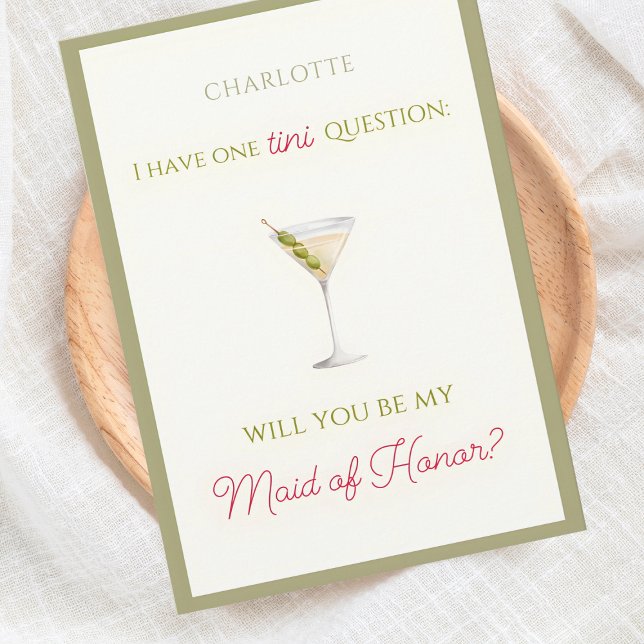 Tarjeta Propuesta de doncella de honor temática martiní su (Martini-themed Maid of Honor proposal card - chic, fun, and customizable for your bridal party needs)
