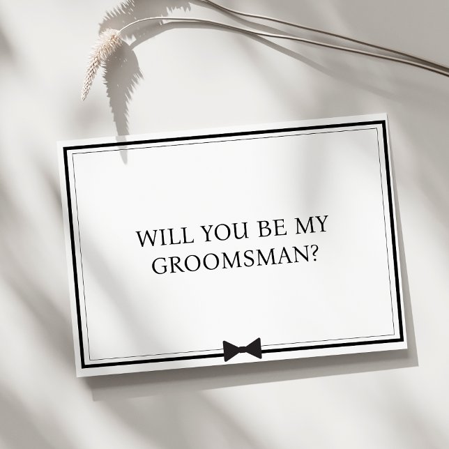 Tarjeta Propuesta de Groomsman en blanco y negro (Minimalist groomsman card with a classic bowtie design, perfect for formal, classic wedding.)