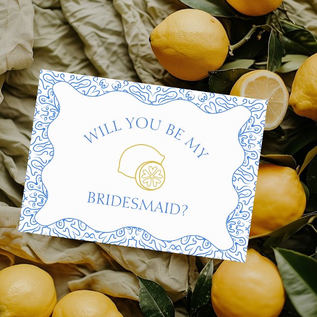 Tarjeta Propuesta de la dama de honor italiana con azulejo (Ask in style with this fun lemon-themed bridesmaid card, customizable to match your wedding vibe.)