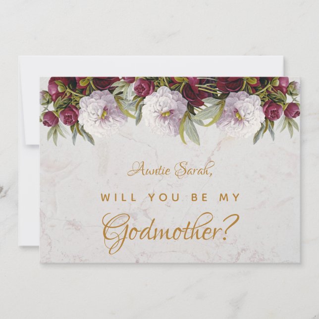 Tarjeta Propuesta de la Madrina Borgoña Peonies Marble Flo (Anverso)