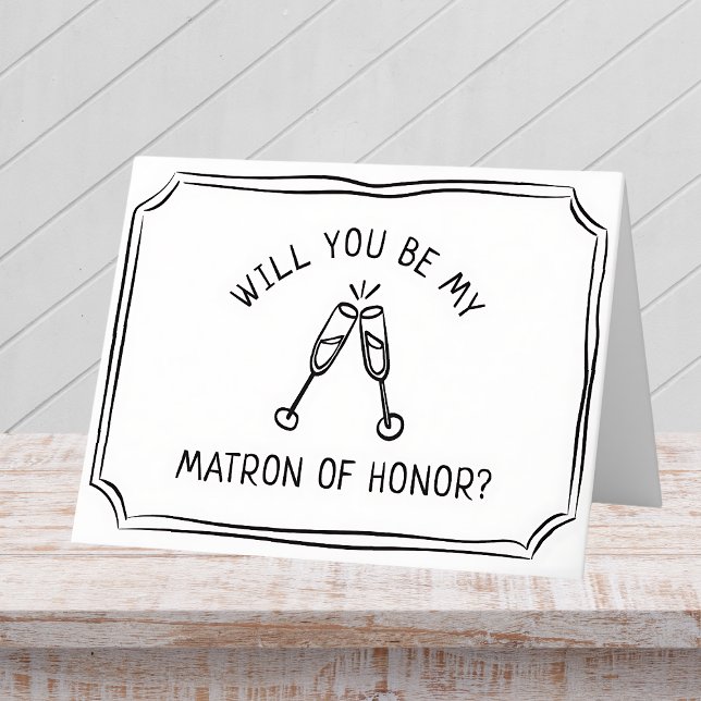 Tarjeta Propuesta de moda de tocador de champán (Cheers to your matron of honor with this elegant proposal card with clinking champagne glasses.)