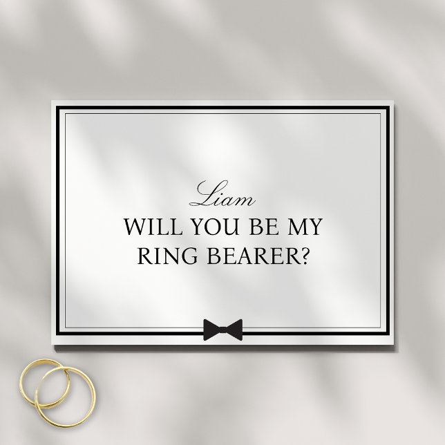 Tarjeta Propuesta de portador de Bowtie Ring con nombre pe (This minimalist ring bearer card, with a chic bowtie design, is perfect for formal weddings.)