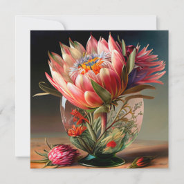 Tarjeta Protea Rey Tropical en jarrón de vidrio bonito