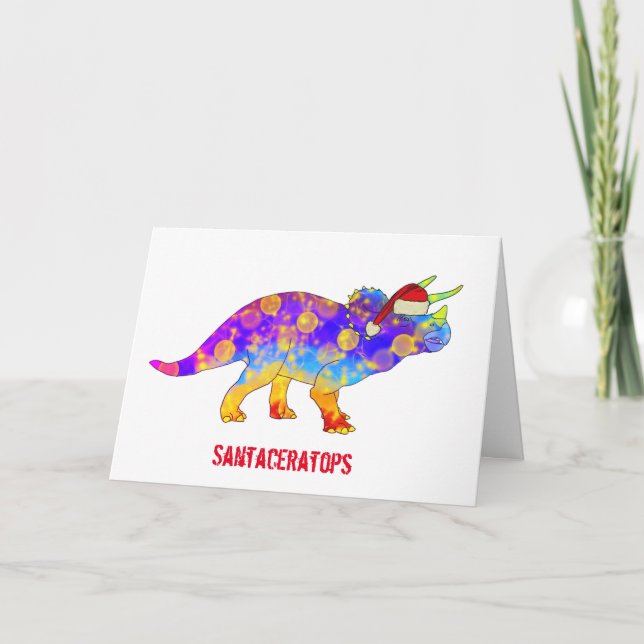 Tarjeta Psicodelia Triceratops Santa Navidades Dinosaurio (Anverso)