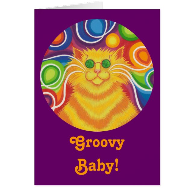 Tarjeta psy-cat-delic redonda "Groovy Baby!" púrpu (Frente)