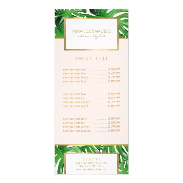 Tarjeta Publicitaria Acuarela Monstera Tropical Patrón de hojas rosadas (Frente)