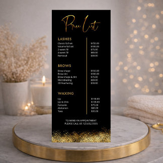 Tarjeta Publicitaria Black & Gold Lash Tech Price List | Luxury Beauty