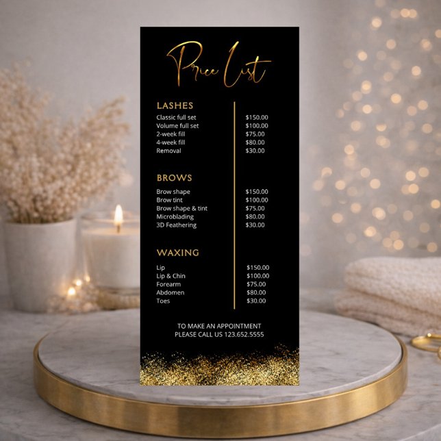 Tarjeta Publicitaria Black & Gold Lash Tech Price List | Luxury Beauty  (Subido por el creador)
