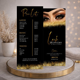 Tarjeta Publicitaria Black & Gold Lash Tech Price List | Luxury Beauty