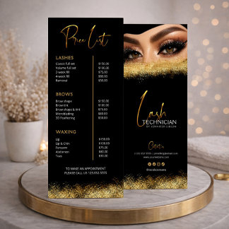 Tarjeta Publicitaria Black & Gold Lash Tech Price List | Luxury Beauty