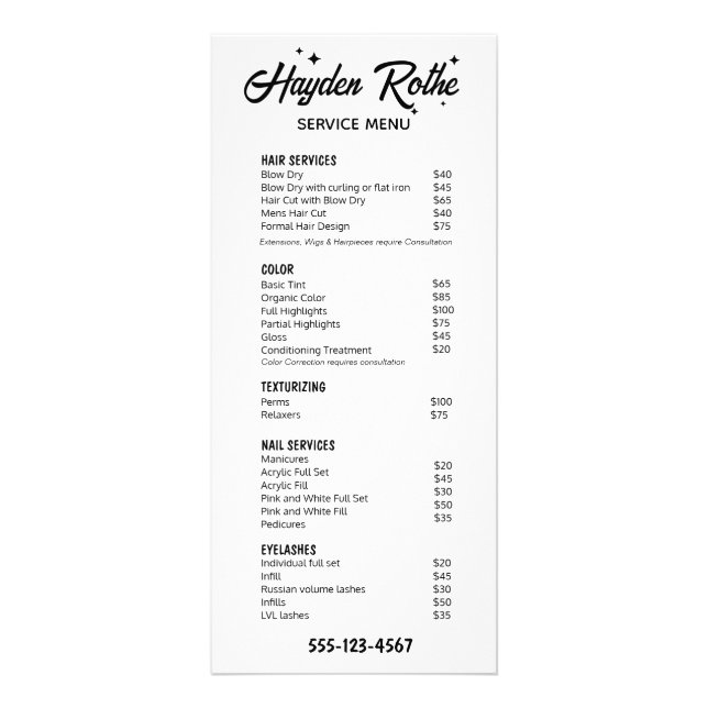 Tarjeta Publicitaria Blanco y Negro  Caligrafía Retro y Estrellas (Frente)