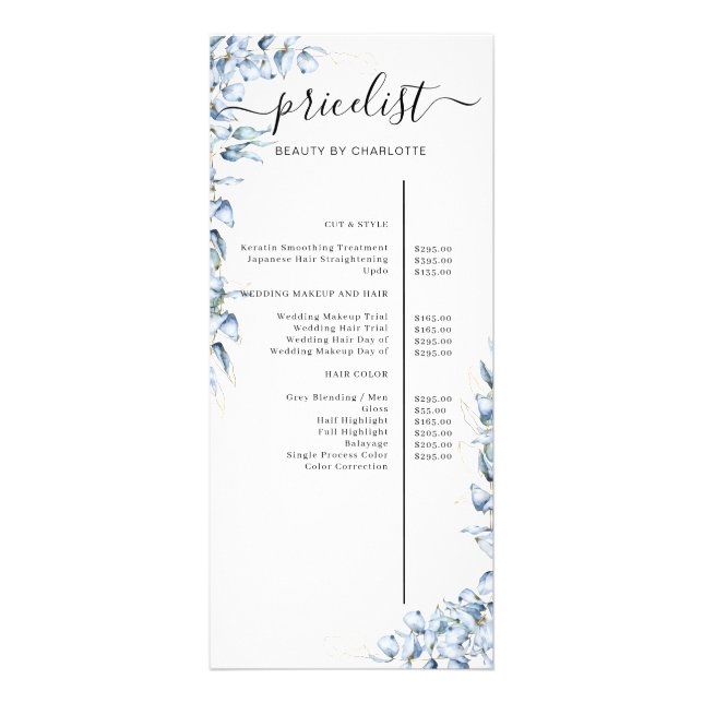 Tarjeta Publicitaria Blue Eucalyptus Salon Price List Fotoboard (Frente)