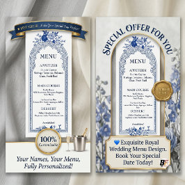 Tarjeta Publicitaria Boda con Arco Floral Azul y Blanco Elegante