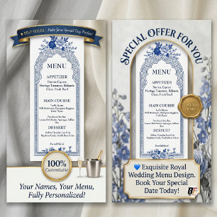 Tarjeta Publicitaria Boda con Arco Floral Azul y Blanco Elegante