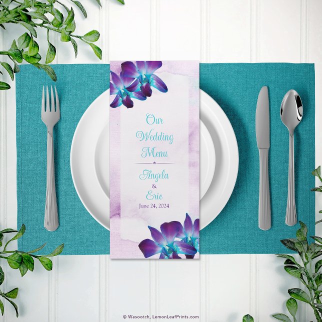 Tarjeta Publicitaria Boda morado Verde azulado azul Dendrobium Orquídea (Purple Teal Blue Dendrobium Orchid Wedding Menu)