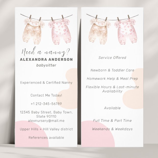 Tarjeta Publicitaria Boho Baby Clothing Watercolour Babysitter Service (Boho Baby Clothing Watercolor Babysitter Rack Card)