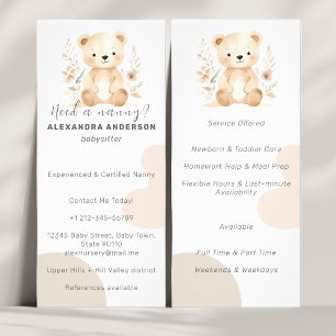 Tarjeta Publicitaria Boho Watercolor Bear Babysitter Service