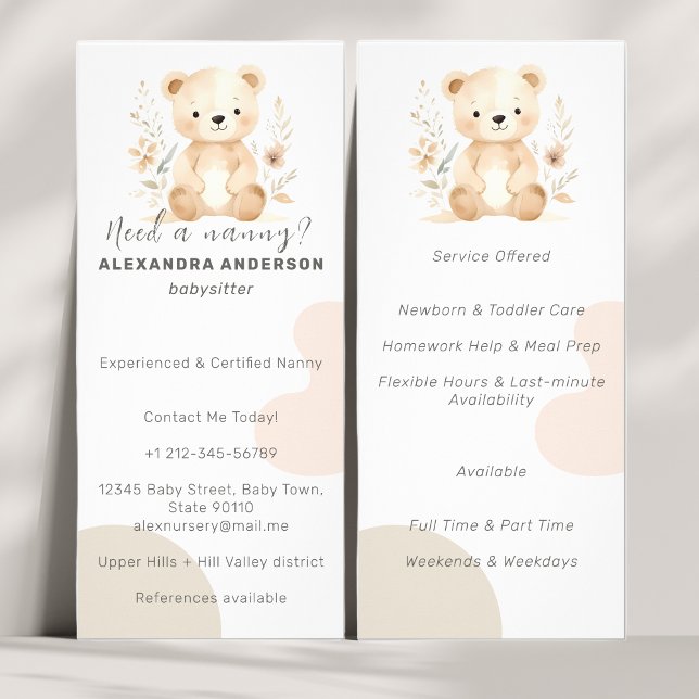 Tarjeta Publicitaria Boho Watercolor Bear Babysitter Service (Boho Watercolor Bear Babysitter Service Rack Card)