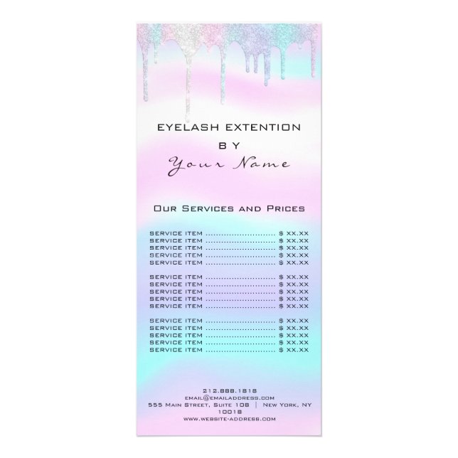 Tarjeta Publicitaria Branding Price List Lash Extension Holograph Pink (Frente)