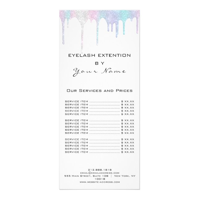Tarjeta Publicitaria Branding Price List Lash Extension Holograph White (Frente)