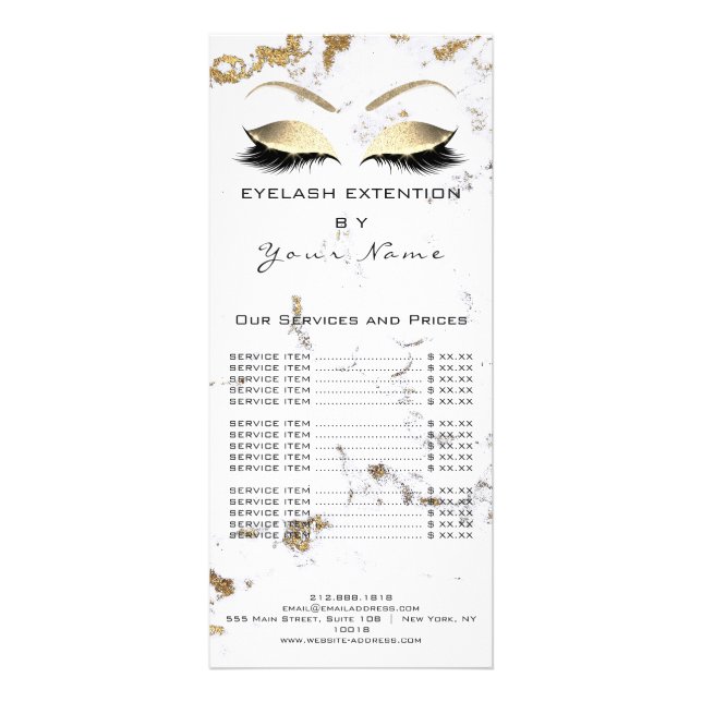 Tarjeta Publicitaria Branding Price List Lashes Extension Gold White (Atrás)