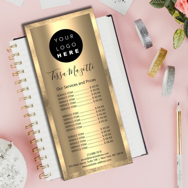 Tarjeta Publicitaria Cabina de maquillaje de pelo Cuidados de piel Logo (Hair Makeup Body Skin Care Logo Gold Beauty Studio Rack Card)