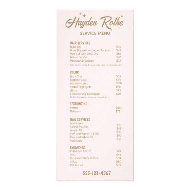 Tarjeta Publicitaria Caligrafía y estrellas retro rosa claro (Frente)