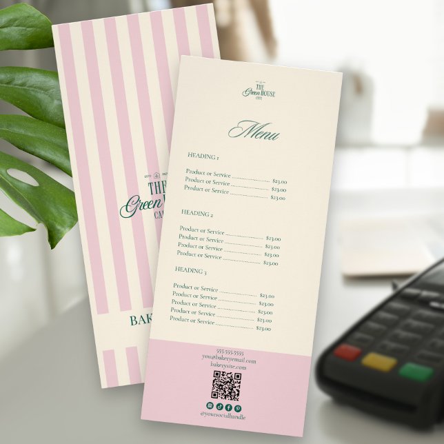 Tarjeta Publicitaria Chic Pink Stripes Green Bakery Logo QR Price (Subido por el creador)